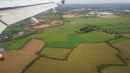 Aerial View of Dublin Fields with Aircraft Wing, Ireland