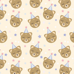 Cute bear with party hat and star seamless pattern 