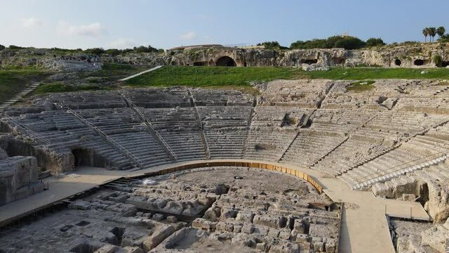 Amazing Aerial shot of inside the Roman amphitheater of Syracuse Sicily