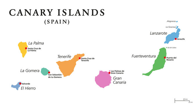 Canary Islands, political map. The Canaries. La Palma, La Gomera, El Hierro, Tenerife, Gran Canaria, Fuerteventura and Lanzarote. Autonomous community of Spain, and archipelago in the Atlantic Ocean.