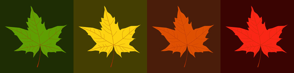 Autumnal season trendy color palette. Yellow, orange, red, brown and green maple leaves background. Autumn leaf color. Fall. Foliage. Design ideas for color combinations. Gradient. Vector illustration