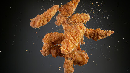 Freeze motion shot of flying tasty fried chicken wings or strips - obrazy, fototapety, plakaty