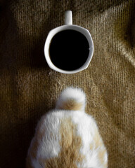 Cola de conejo sobre costal de yute y taza de café