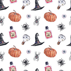 Watercolor Halloween seamless pattern. Hand painted spooky elements on white background. Pumpkin, spiders, witch hat. Holiday print.