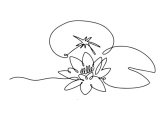 Line art water lily. Minimal lotus with leaf. Simple floral logo