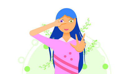 Flat Girl Woman Character Covers His Face With His Hand And The Victory Sign With Different Colors Eyes Disease Heterochromia Concept