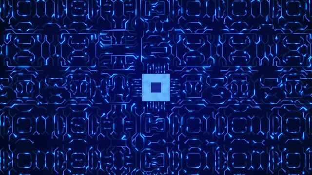 4K Loop Processor circuits and electronic components CPU data flow in a motherboard in pc Hardware Background. Concept of digital communication, cloud computing, processing.