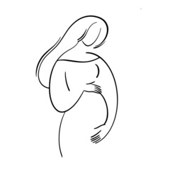 Hand drawn pregnant woman with long hair, line portrait with hands on belly. Elegant logo