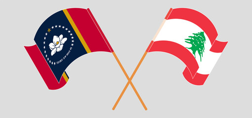Crossed and waving flags of The State of Mississippi and the Lebanon