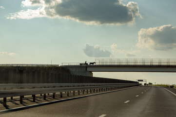 Wóz konny z ludźmi na moście nad autostradą na tle oświetlonego nieba z chmurami