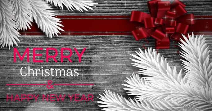 Animation of merry christmas and happy new year text with white fir tree on wooden background