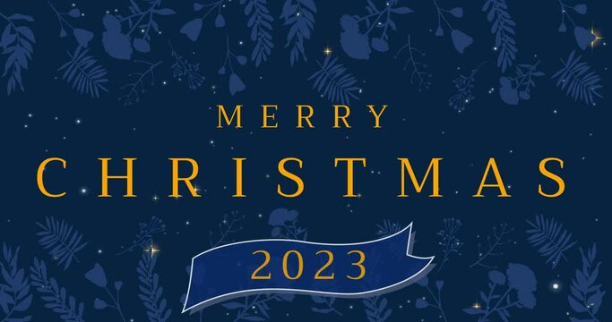 Animation of merry christmas 2023 text with flowers on blue background