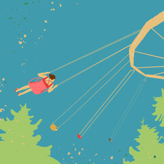 Back of girl sitting on swing riding on carusel. Vector cartoon summer flat illustration