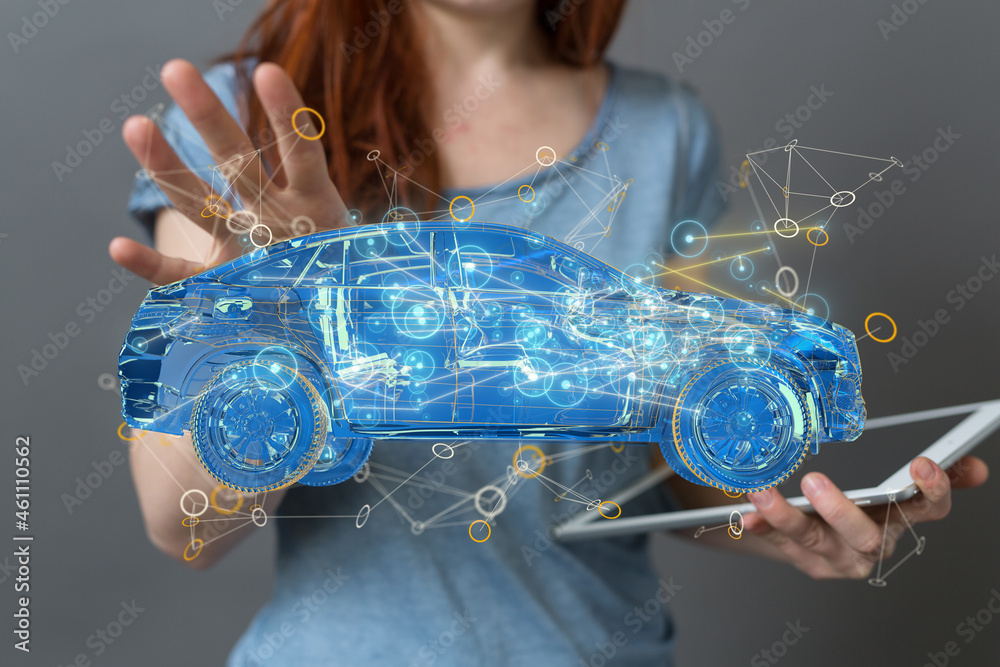 Poster electric car icon from lines, triangles and particle style