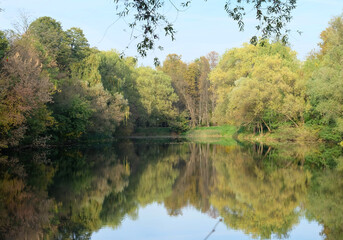 Fototapeta na wymiar Autumn landscape with a pond and trees on the shore, selective focus, horizontal orientation.