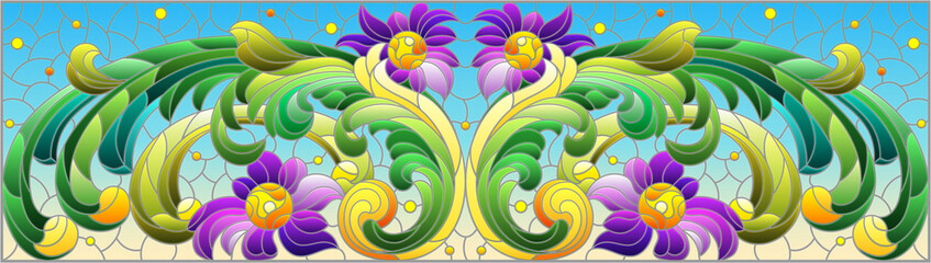 Illustration in stained glass style with abstract flowers, leaves and curls on a blue background, rectangular horizontal image