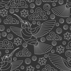 Seamless pattern with light contour Hummingbird birds, clouds and flowers, outline birds on a dark background