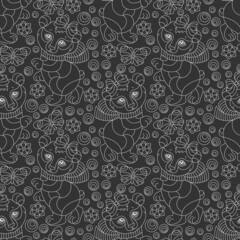 Seamless pattern with cute light outline bears, butterflies and flowers, contour animals on a dark background