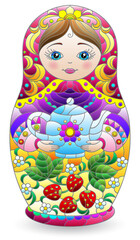 Stained glass illustration with a bright Russian doll, toy isolated on a white background