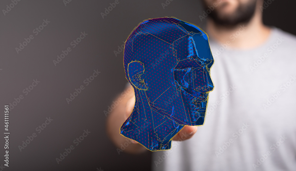 Poster human head and brain with artificial intelligence concept
