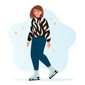 Woman in a warm sweater skates on ice. Figure skating, winter active fun. Vector illustration in flat style
