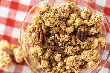 Sweet granola cereals in bowl.