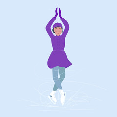 A girl in a purple dress is engaged in figure skating, spinning on a skating rink with her hands raised. Winter hobbies and recreation. Vector illustration in cartoon style.