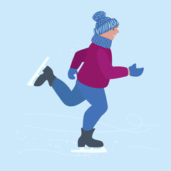 A guy in a purple jacket is skating on a winter ice rink. Active winter outdoor recreation. Vector illustration in cartoon style.