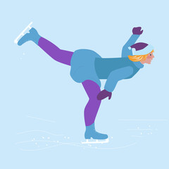 A girl skates on a winter ice rink and makes a swallow figure. Winter sport or recreation. Vector illustration in cartoon style.