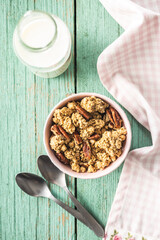 Sweet granola cereals in bowl.