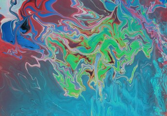Abstract multicolored marble background in cool tones. Acrylic paint mixes freely and creates an interesting pattern. Bright saturated shades. Background for the cover of a laptop, book.