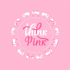 National Breast Cancer Awareness Month banner. Pink bras hanging on a rope. Think Pink hand drawn lettering.