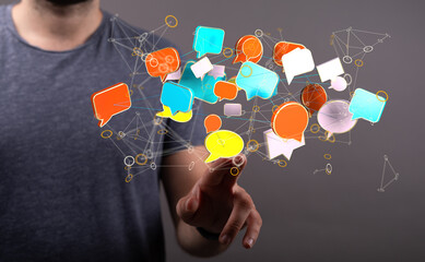 touching 3D rendering flying email icon with his fin