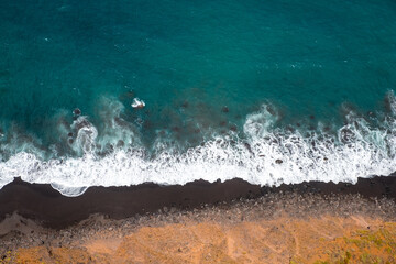 beach aerial, ocean waves blue water background