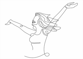 Continuous line art or One Line Drawing of a woman stretching arms is relaxing picture vector illustration
