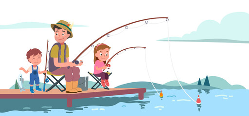 Fisherman father, daughter, son enjoying fishing