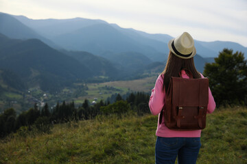 Fototapeta na wymiar Woman enjoying mountain landscape, back view. Space for text