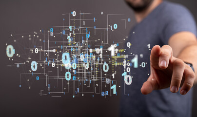 Obraz premium Digital cyberspace with particles and Digital data network connections concept.