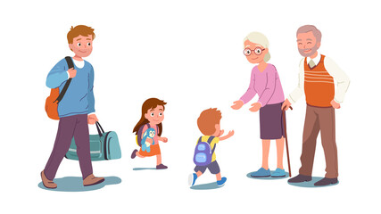 Happy grandson, granddaughter run to grandparents 