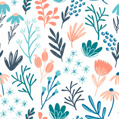 Cute hand drawn seamless pattern with flowers, branches and corals in blue, peach and green colors. Perfect for home and nursery textile
