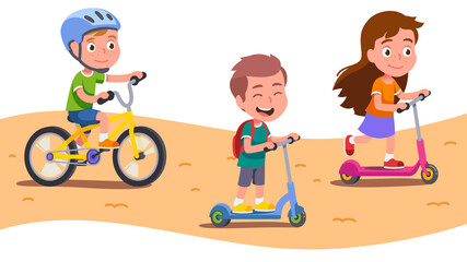 Girl, boys kids riding bicycle and kick scooters