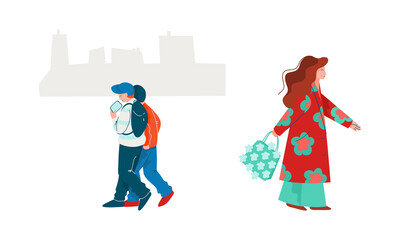 People Character Walking Along the Street in Spring Season Vector Illustration Set