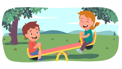 Happy girl and boy kids swinging on seesaw