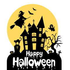 Happy Halloween banner. House with the ghosts. The witch flies on a broomstick