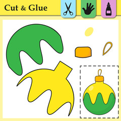 Paper game for kids. Create the applique cute Christmas Ball. Cut and glue. Winter symbol. Education logic game for preschool kids. Worksheet activity perfect for scissor practice, motor, cutting.