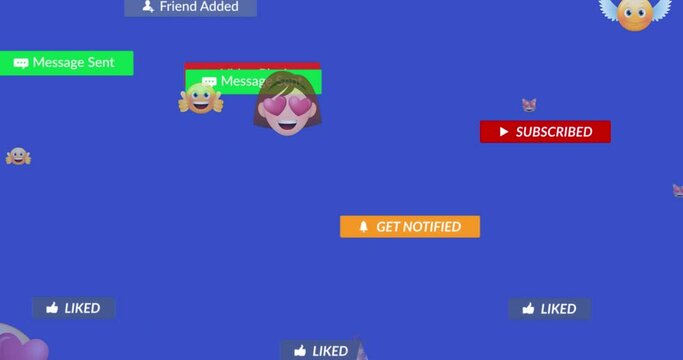 Animation of falling social media icons and emojis over blue background