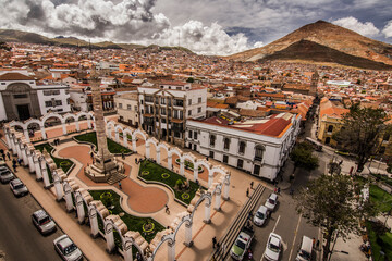 Ultra panoramic view of Potosí main square, main churches and Cerro Rico in the Background,...