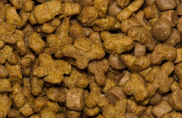 Dry cat food pieces with closeup macro details. Healthy feline pet nutrition, directly above full frame image.