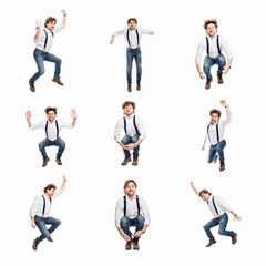 An adult man in jeans and a white shirt jumps emotionally. Success, freedom and movement. Isolated on white background. Collage, set. Square format.