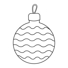 Colorless cartoon New year Ball. Christmas tree toy with ornaments. Black and white template page for coloring book with new year decoration. Practice worksheet or Anti-stress coloring page for kids.